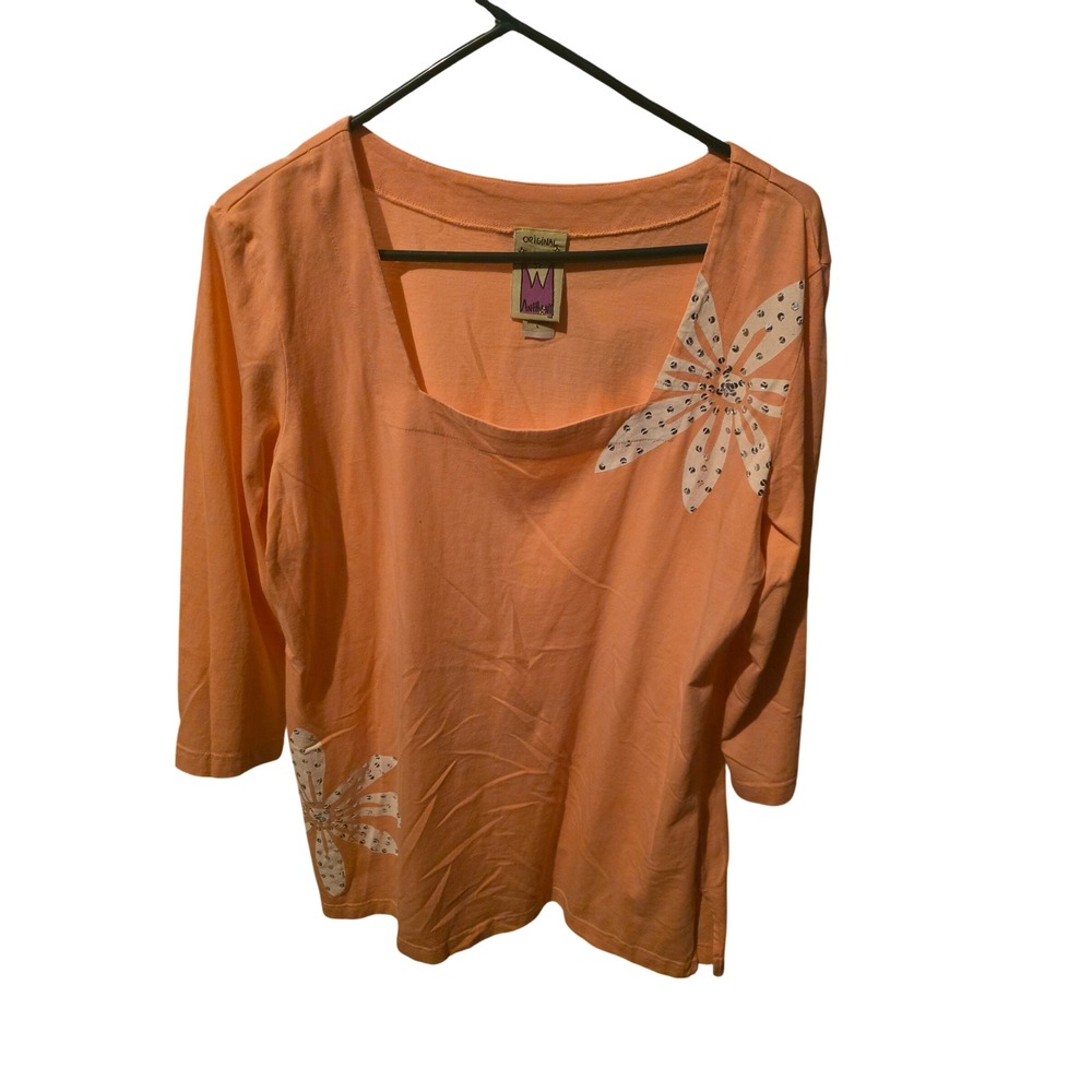 Antthony Original Peach Square Neck Sequin Floral Cotton Top 3/4 Sleeve‎ Large